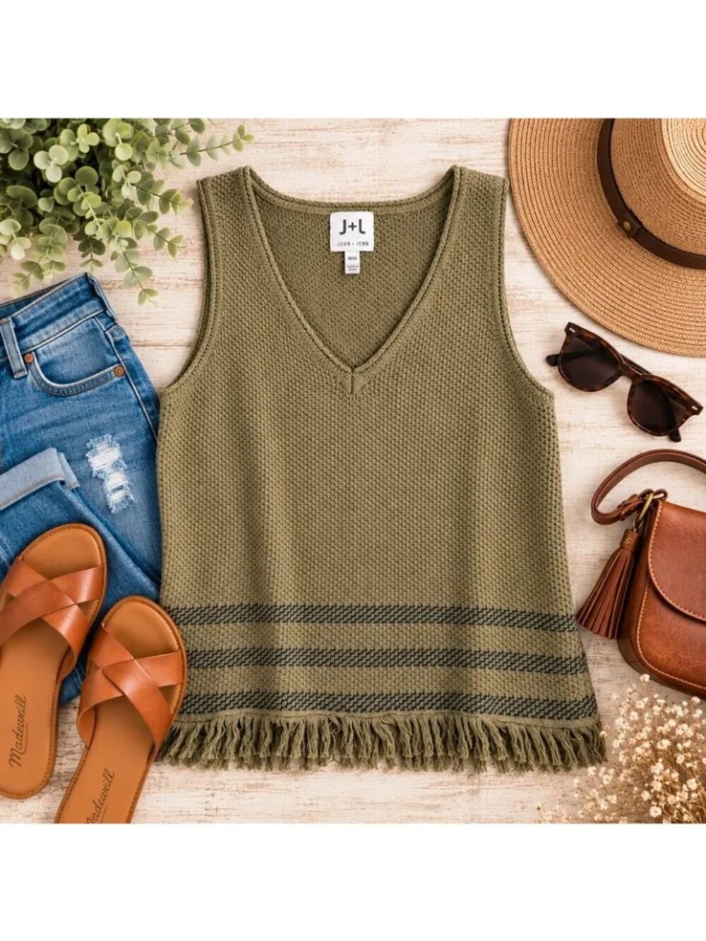 John + Jenn J+L Olive Green Fringe Knit Sweater Tank Top Medium